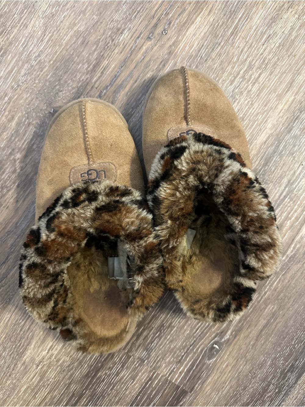 UGG Women’s Chestnut Suede Slip-On Slippers with Leopard Faux-Fur Collar